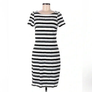 Ann Taylor Blue Black White Striped Knit Short Sleeve Sheath Dress Size Medium M